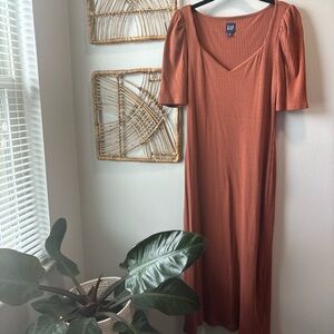 GAP | Women's Brown Puff Sleeve Sweetheart Midi Dress | Size M pet